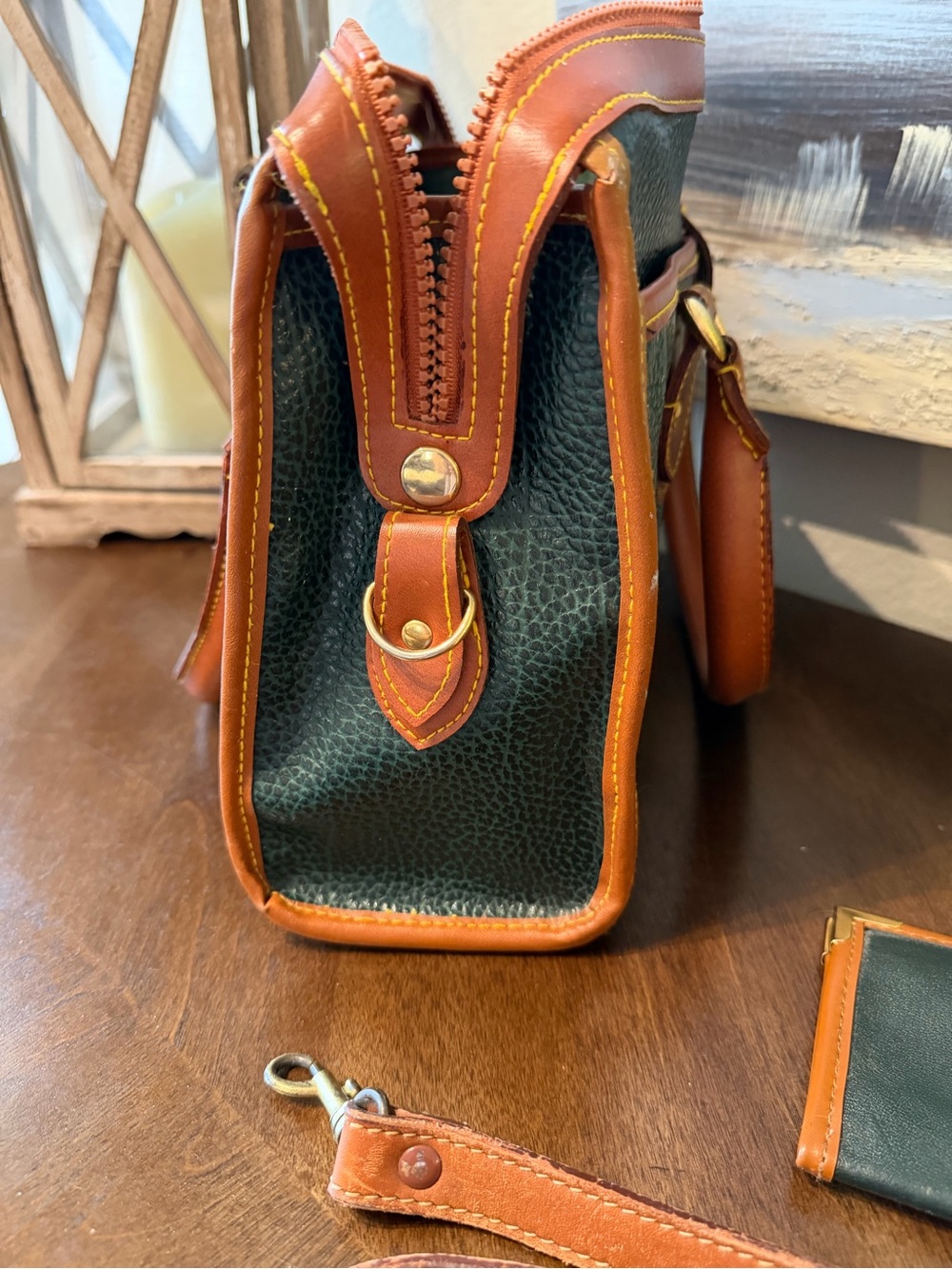 Dooney & Bourke Dark Green Pebbled Leather Satchel with Tan Trim and Strap - Picture 5 of 12